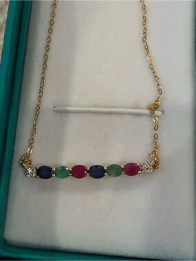 Gold Bar Necklace with Multicolored Gemstones